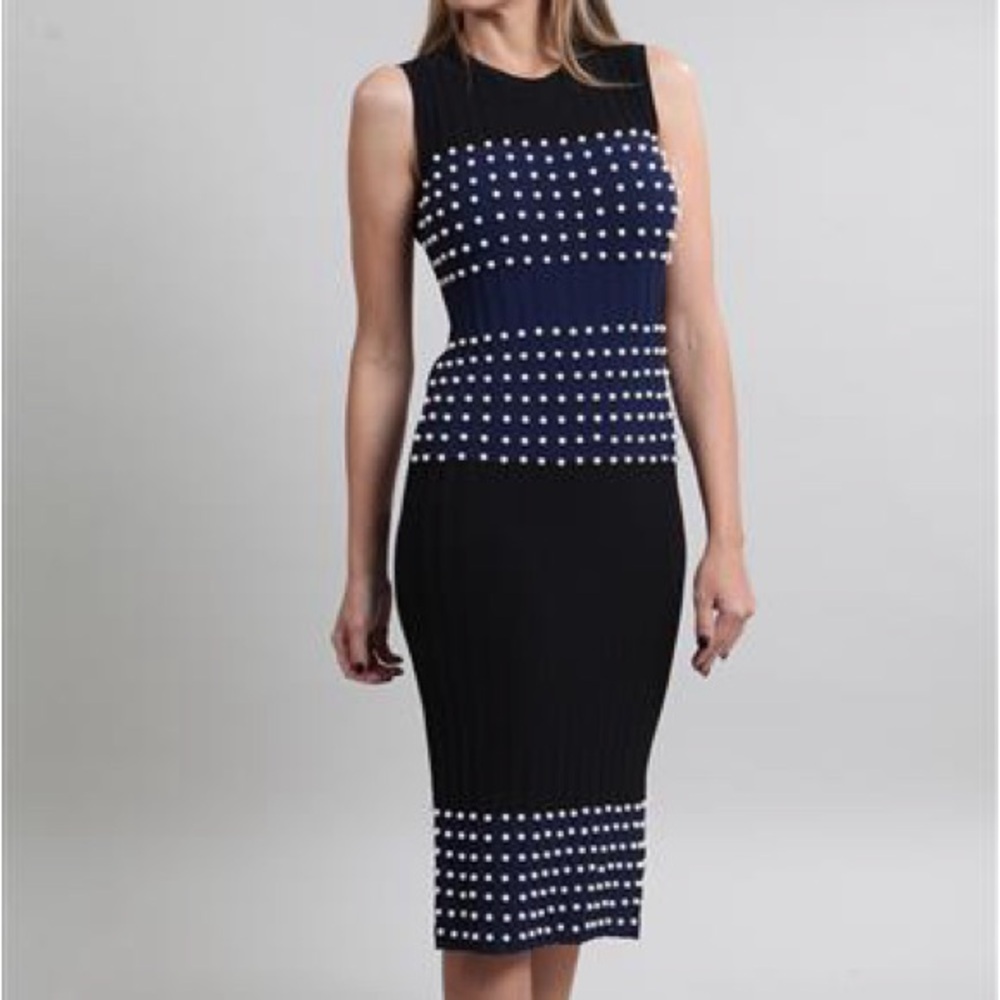 MUSE Black and Navy dress with White Polka Dot pearls